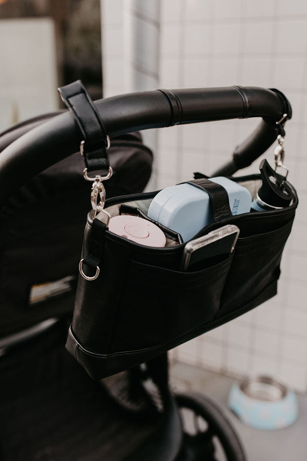 Signature Pram Caddy - Black Dimple Vegan Leather