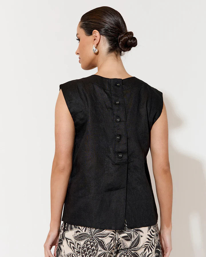 Kita Linen Button Back Top - Black
