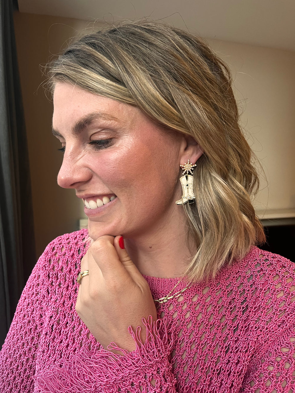 Glitzy Cowgirl Boots Earrings - White