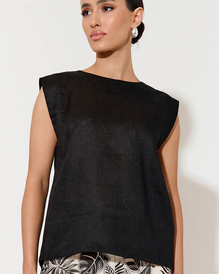 Kita Linen Button Back Top - Black