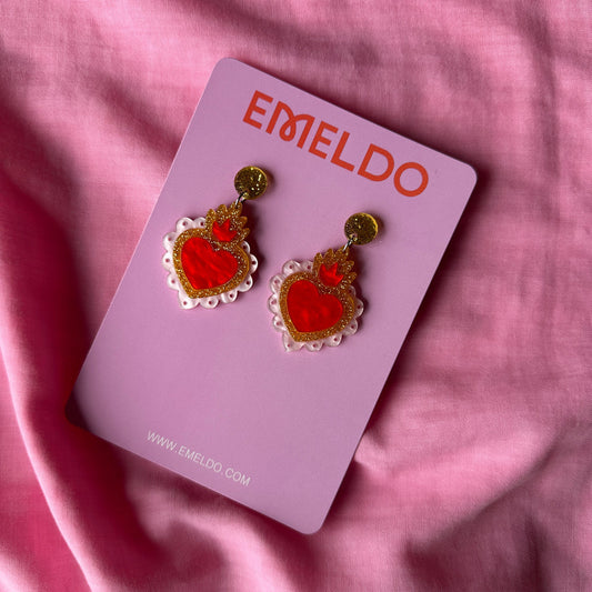 Crown Heart Drop Earrings - Red/Pink/Gold