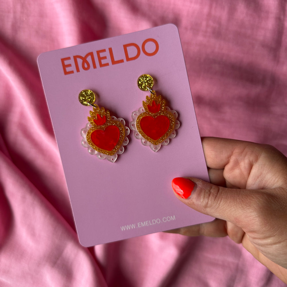 Crown Heart Drop Earrings - Red/Pink/Gold