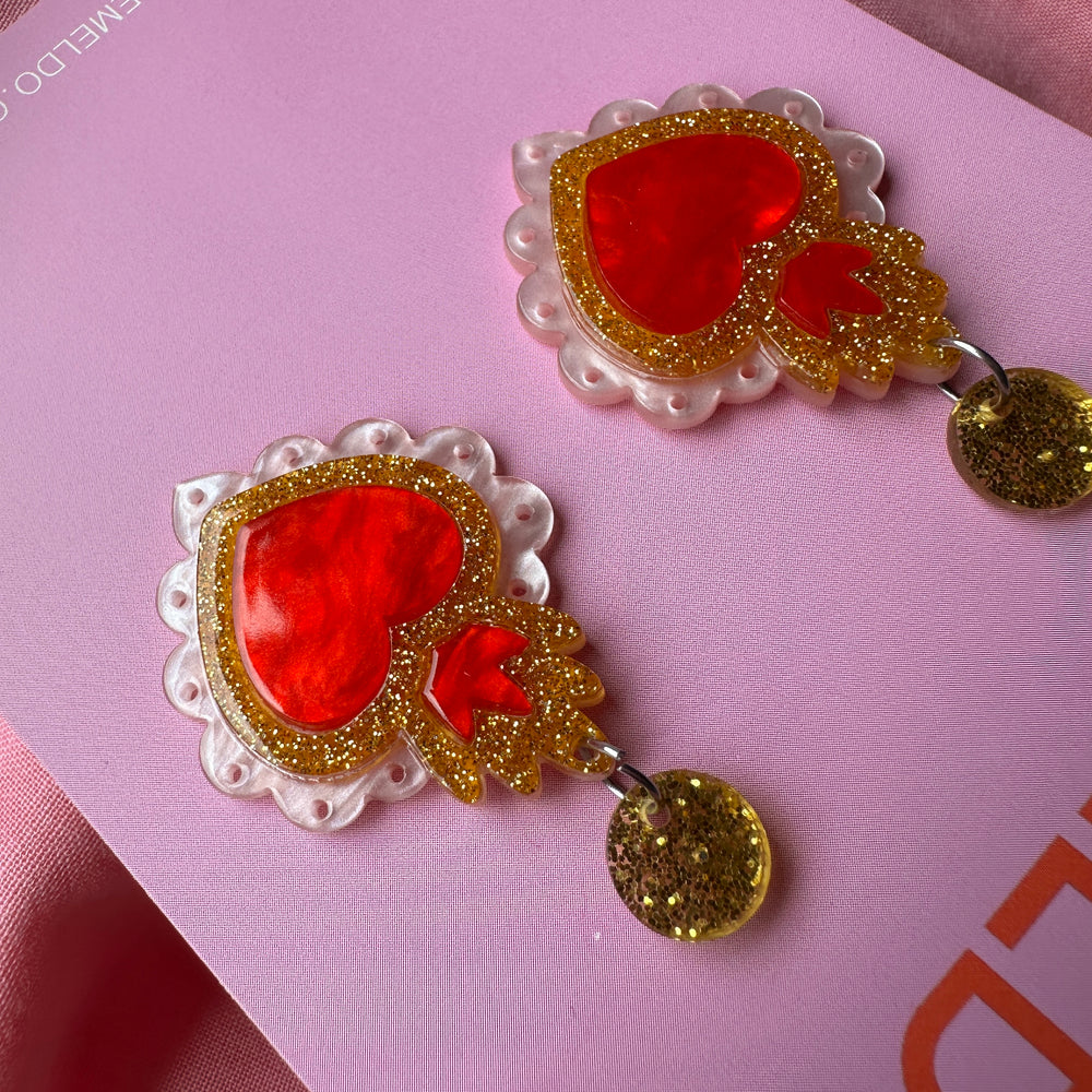 Crown Heart Drop Earrings - Red/Pink/Gold