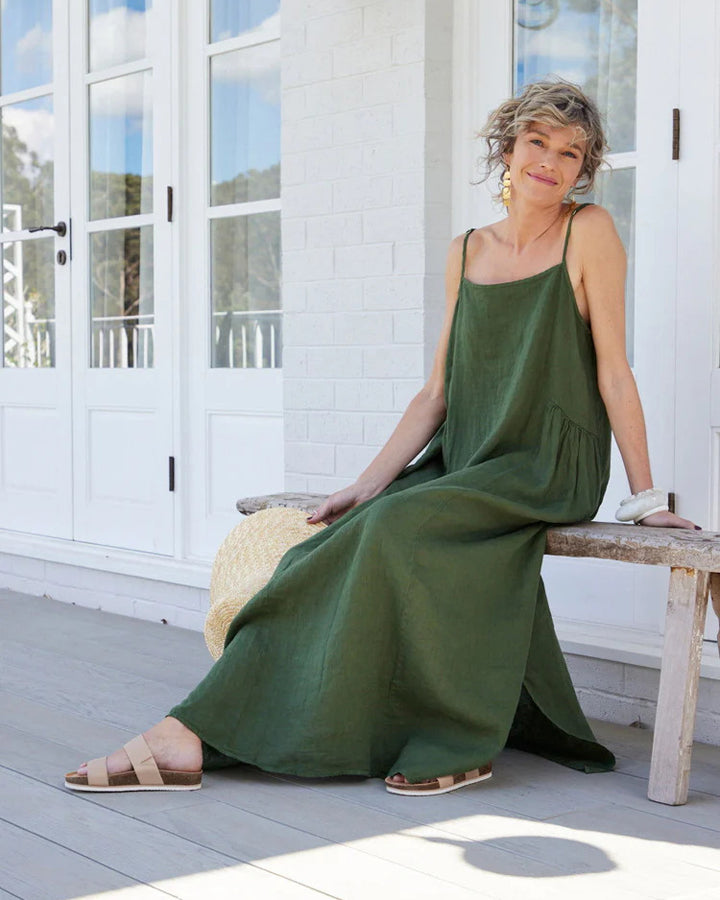 Claudette Linen Maxi Dress - Forest Green
