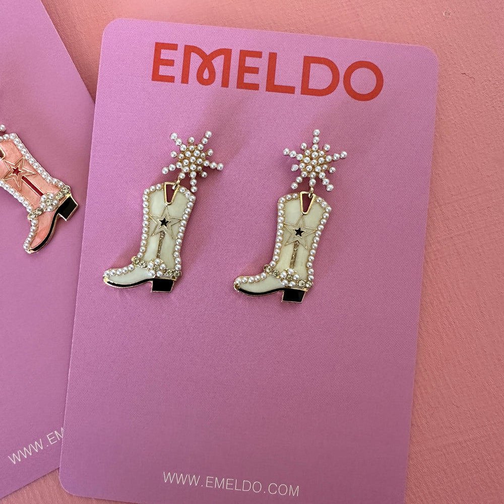 Glitzy Cowgirl Boots Earrings - White
