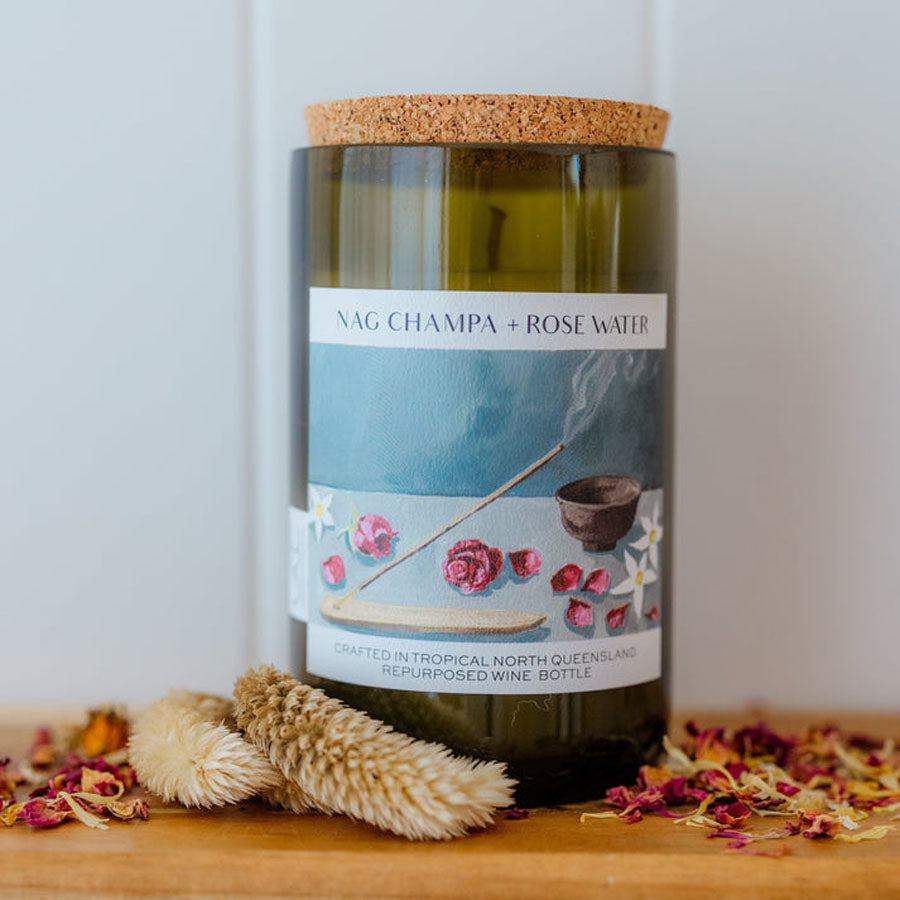 Unwined Wine Bottle Candle - Nag Champa + Rosewater
