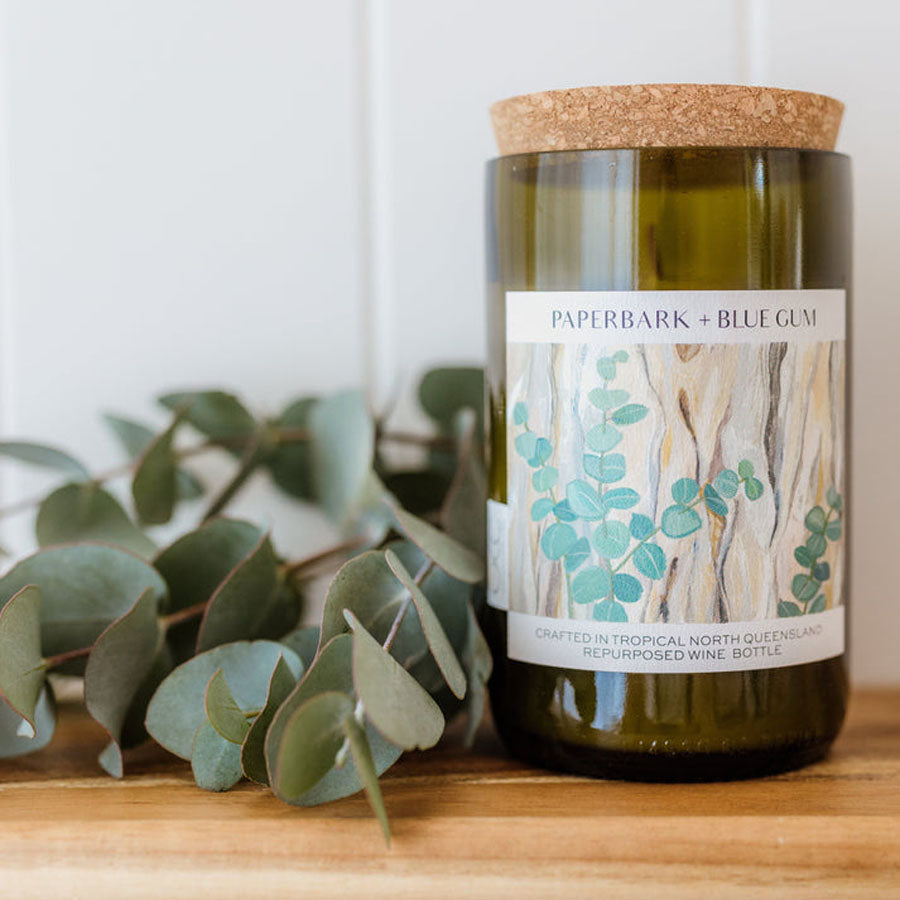 Unwined Wine Bottle Candle - Paperbark + Blue Gum