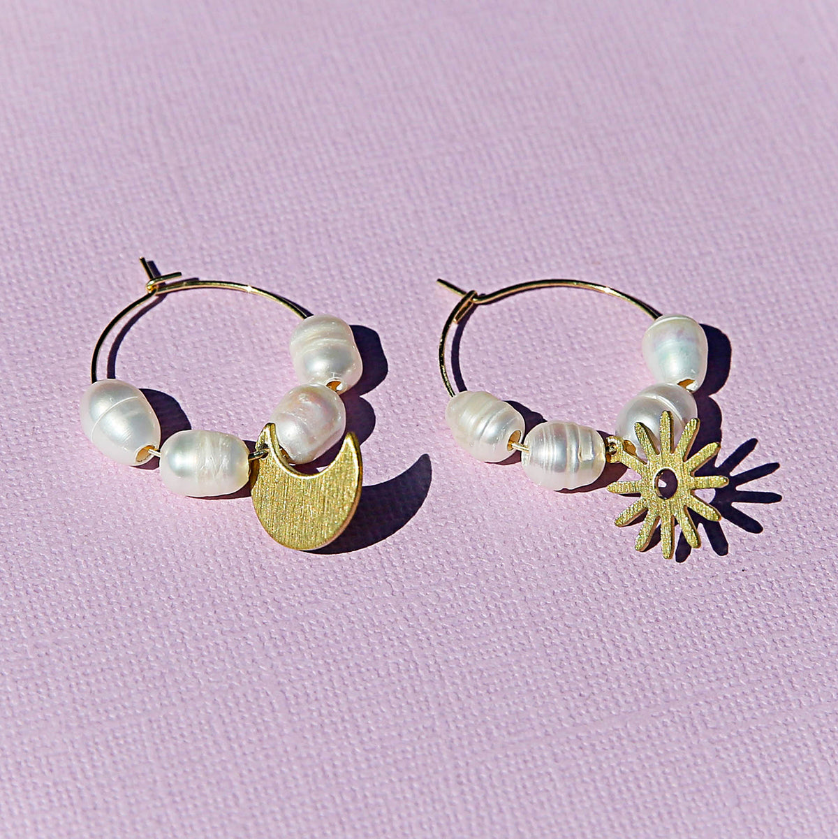 Sun and Moon Pearl Hoop Earrings