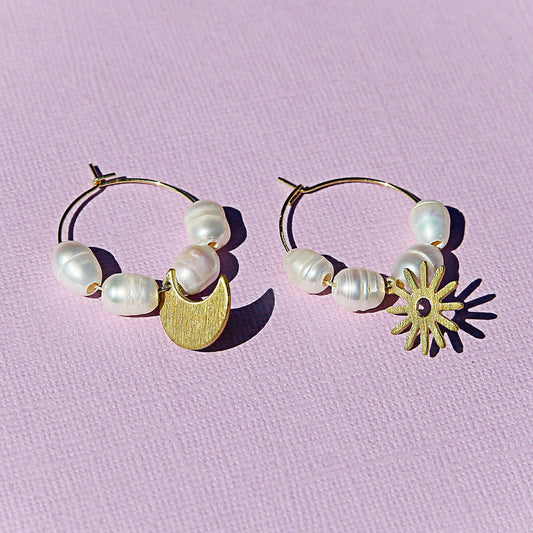 Sun and Moon Pearl Hoop Earrings