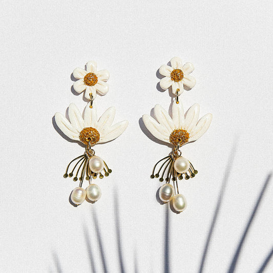 White Pearl Blossom Drop Earrings