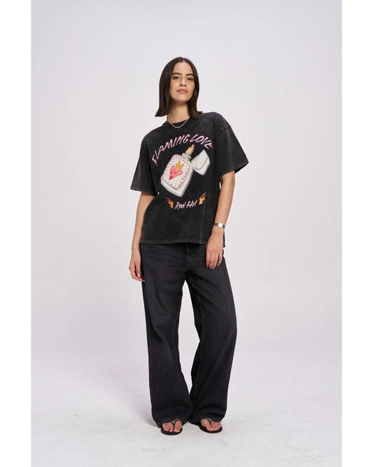 Flaming Love Snow Wash Oversize Tee - Black