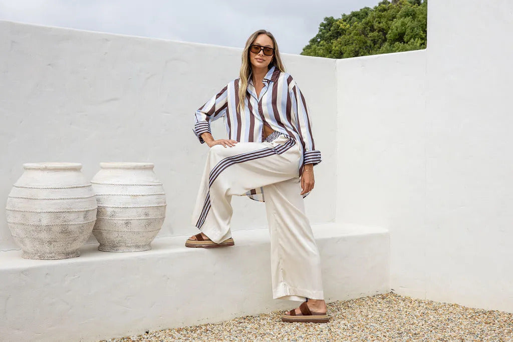 Portifino Wide Leg Pant - Pearl Stripe Cream